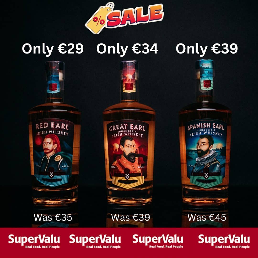 🥃🍀 Our award winning Battle of Kinsale series of Irish whiskey’s are now OnSale in selected @supervalu_irl stores nationwide. 

🥃 Red Earl Blended Irish Whiskey, triple-casked, As bold as the hero who inspires it. 
💥 Was €35 now only €29 💥

🥃 Great Earl Single Grain Irish Whiskey, triple-casked, defiantly Irish, unflinching likes its namesake. 
💥 Was €39 now only €34💥

🥃 Spanish Earl Single Malt Irish Whiskey, triple distilled, triple-casked, fearless to its core.
💥 Was €45 now only €39💥

🚨 Act fast as this is a limited special offer, running until 23rd Nov 2022.

Learn More: www.supervalu.ie or www.kinsalespirit.com

#drinkresponsibly #supervalu #kinsalespiritco #flashsale #irishwhiskey #whiskey #whisky #sale #irish #ireland