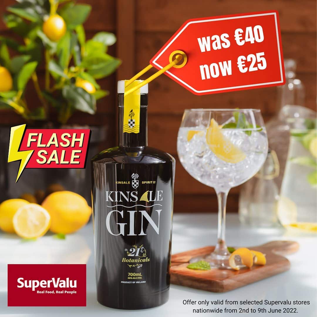 💥🍸 FLASH SALE: Our multi-Award winning KINSALE GIN was €40 and now Only €25 at selected @supervalu_irl stores nationwide. 💥 Act fast as this is a limited special offer, running until 9th June 2022.

 💛 Simply look for "THE GIN WITH THE FIN". 

☘️ Local botanicals are gathered seasonally and sensitively, leaving enough behind for the birds and future crops. The flavour of Kinsale Gin is truly of the Kinsale Irish countryside.

#drinkresponsibly #supervalu  #onsale #flashsale 
#kinsalegin #kinsalespiritco #irishgin
#gin #gnt #irish #ireland